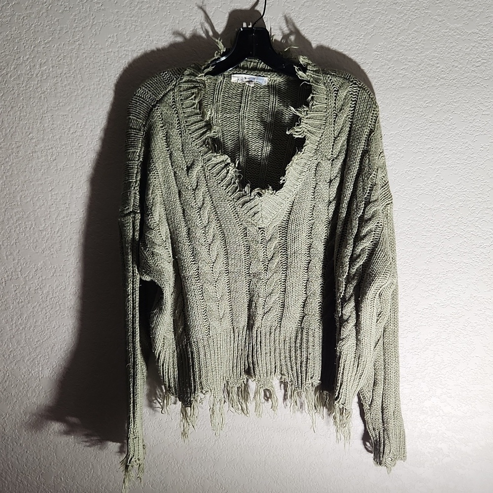 Jolt Sweater Womend Size M Cropped Ribbed Cable Knit Fringe Green